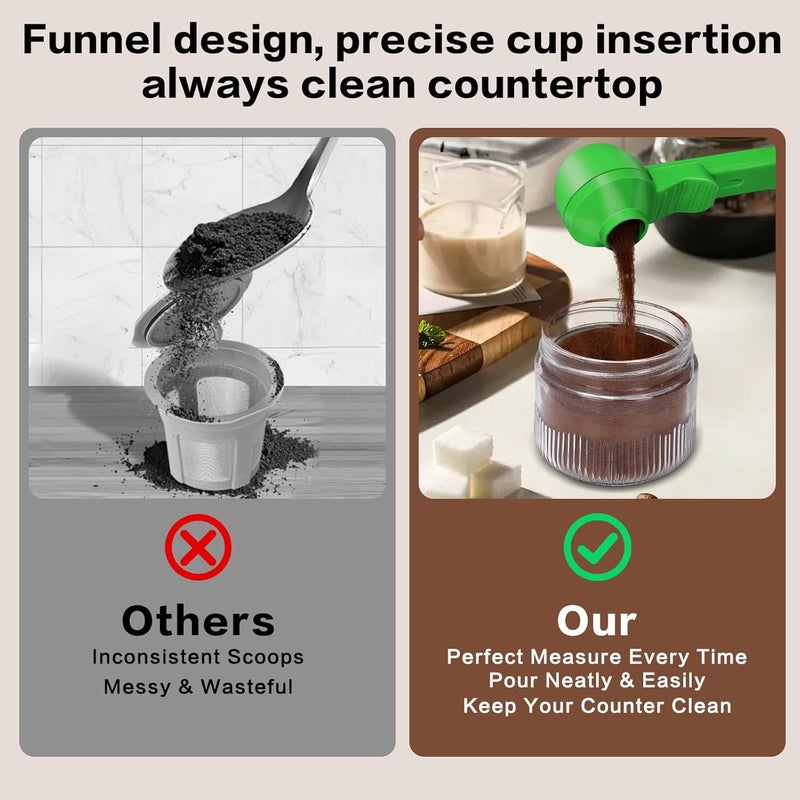 CEILUPY 2-in-1 Coffee Scoop with Funnel, 2 Teaspoon Measuring Spoon for Reusable K Cups, Ground Coffee, Protein Powder & Tea, Mess-Free Plastic Design (Green) - Image 3